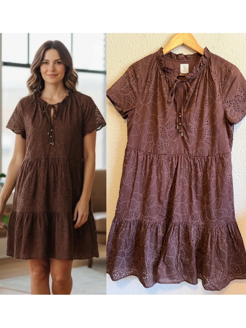 Joie Brown Eyelet Tiered Tie-Neck Mini Dress-size S